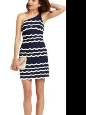 Lilly Pulitzer One Shoulder Dress Tylar Scallop Stripe Navy MSRP $298 Sz 8